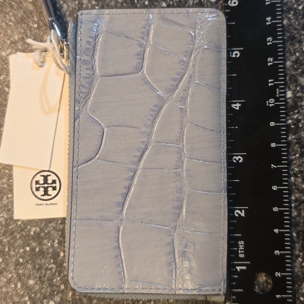 TORY BURCH Robinson Croc-Embossed Top-Zip Card Case Holder blue celadon $158 - Picture 4 of 11